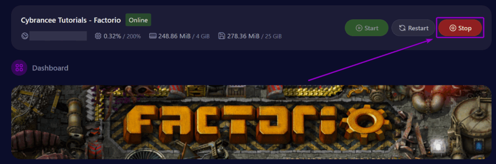 Cybrancee Factorio Server Stop Button Outlined