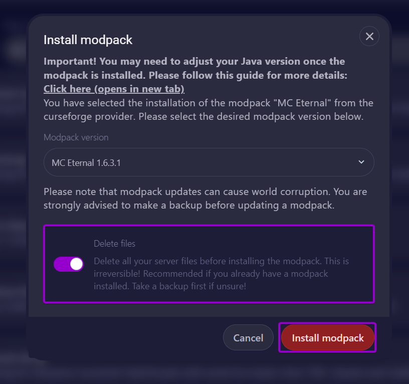 Cybrancee Minecraft Server Eternal Installation Box Outlined