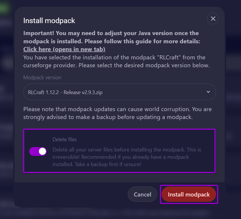 Cybrancee Minecraft Server RLCraft Installation Box Outlined