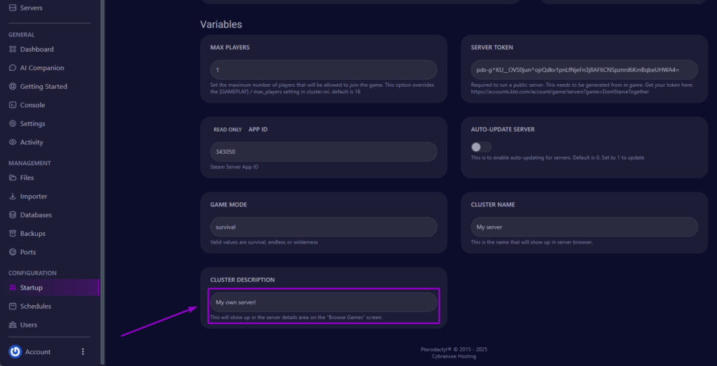 Changing Server (Cluster) Description text