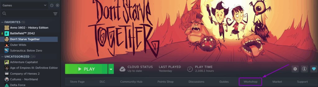 Opening Workshop Tab of Don't Starve Together