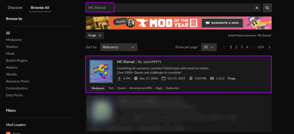 Eternal Mod Outlined In Curse Forge