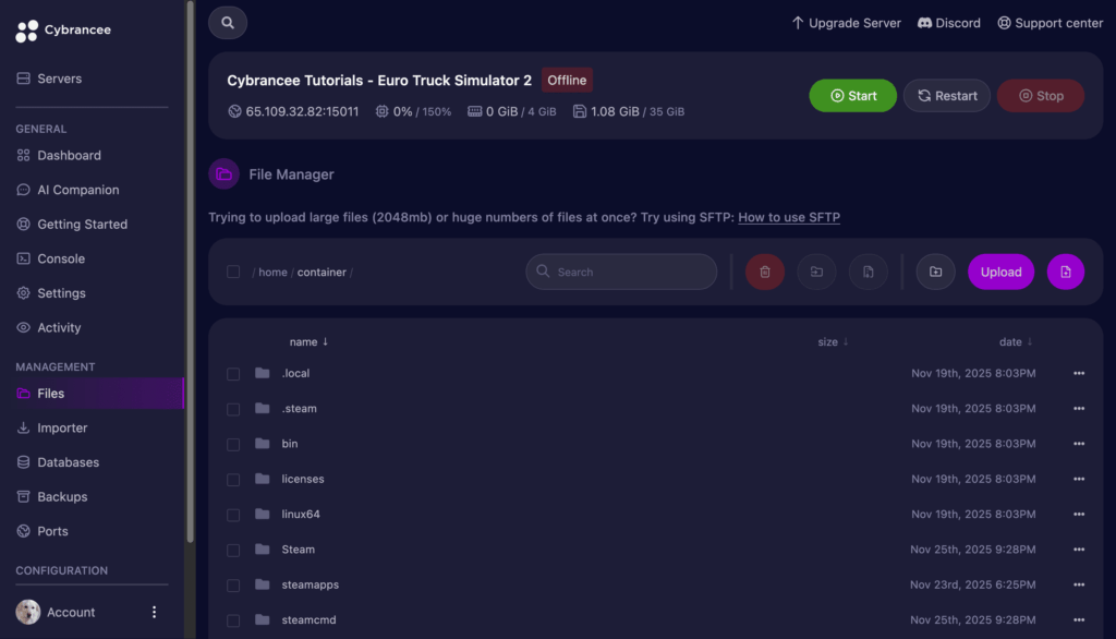 An Image of the File Manager section within the Cybrancee game hosting control panel, showing the directory contents of an offline "Euro Truck Simulator 2" server..