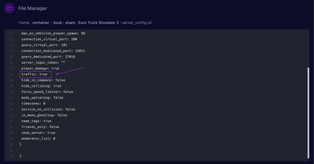 Cybrancee Panel showing the traffic field highlighted in the configuration file.