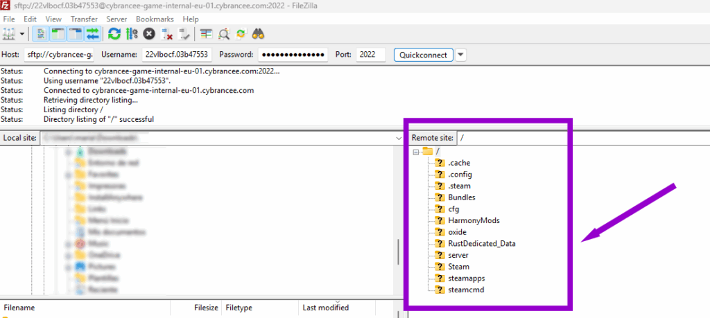 server connected via ftp with server root outlined