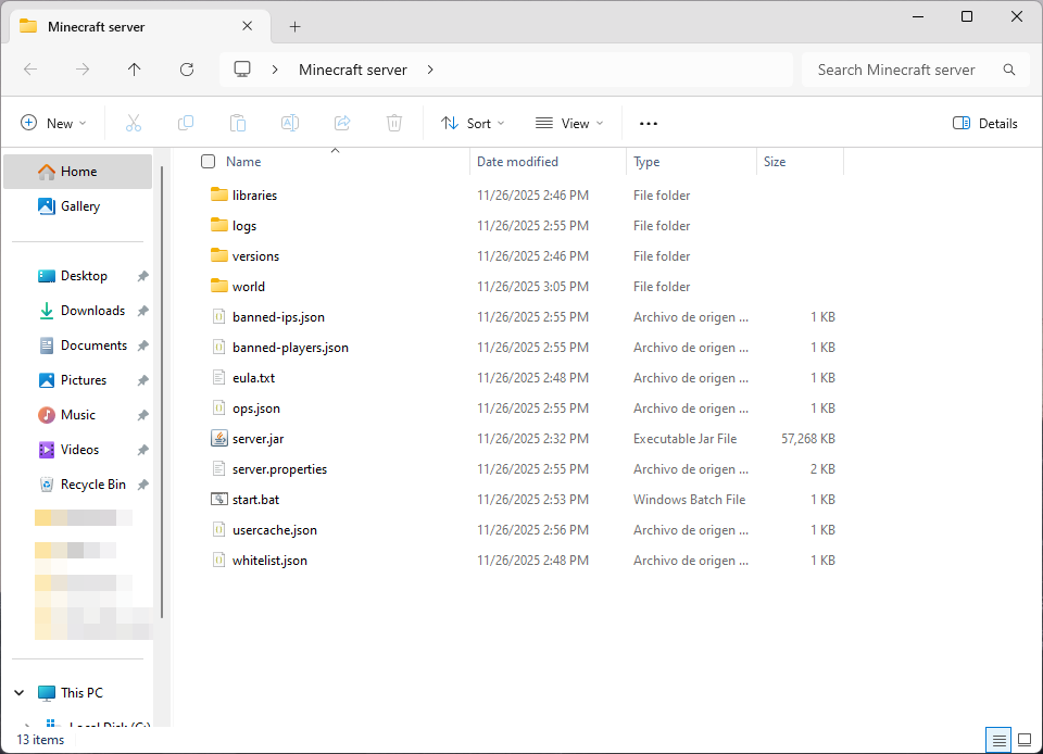 Minecraft server folder