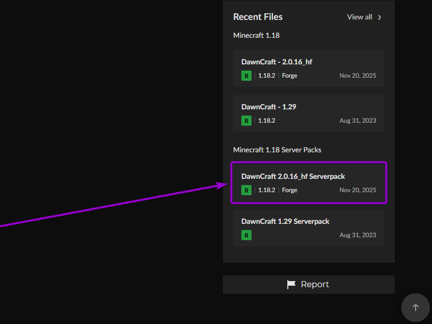 Modpack file version for servers outlined with arrow
