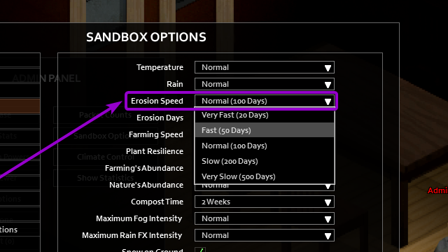 Options for configuring the erosion speed in the sandbox