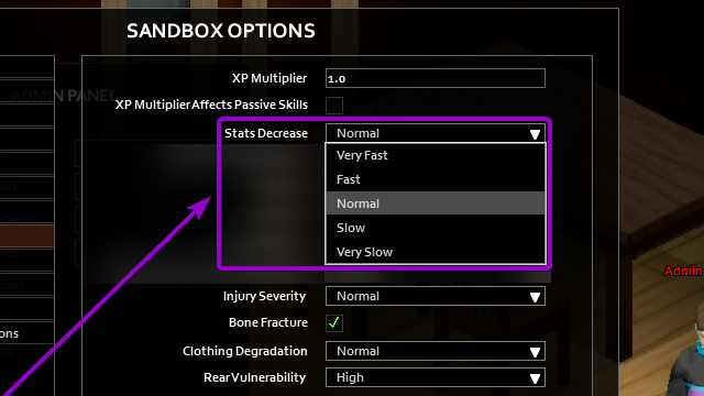 Options for configuring the hunger and thirst rate in the sandbox