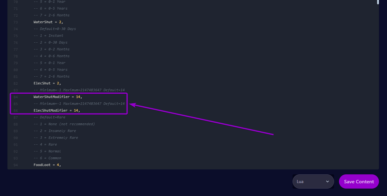 Project Zomboid PterodactylSandboxVars file 'WaterShutModifier and ElectShutModifier' lines
