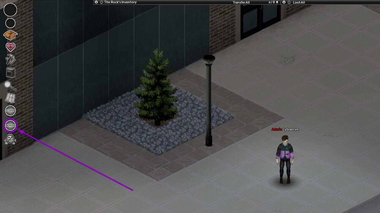 Project Zomboid select admin button outlined with arrow