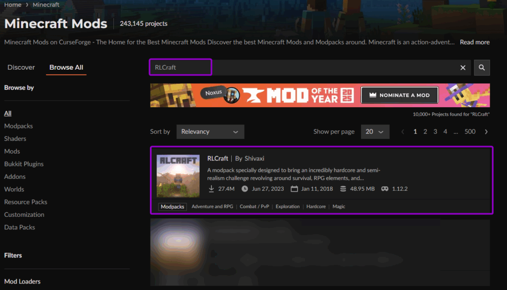 RLCraft Mod Outlined In CurseForge