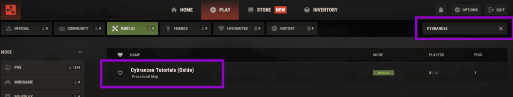 Rust ingame browser with search bar and server listed outlined