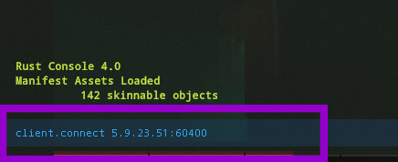 Rust ingame F1 console with command outlined