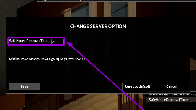 SafeHouseRemovalTime text box outlined with arrow