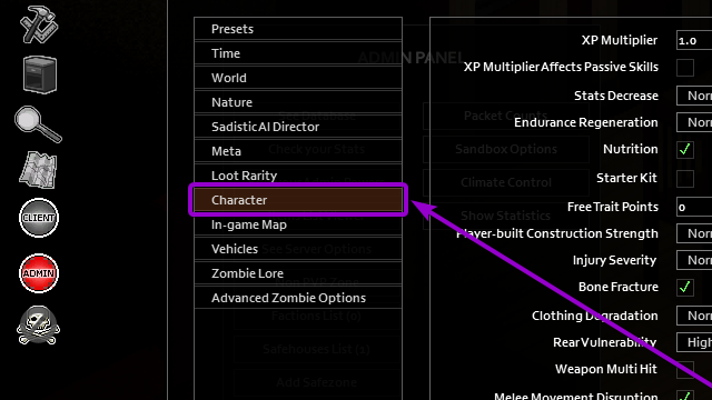 Sandbox options Character tab outlined with arrow