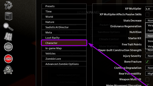 Sandbox options 'character' tab outlined with arrow