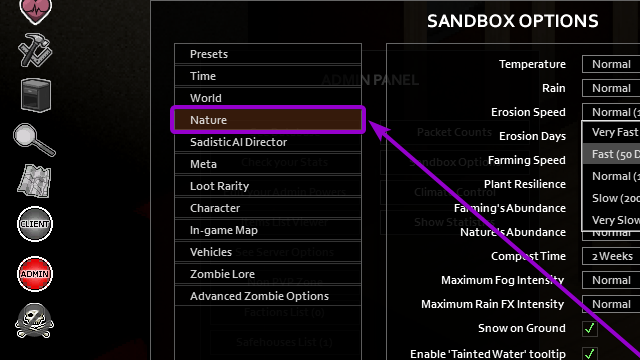 Sandbox options nature tab outlined with arrow