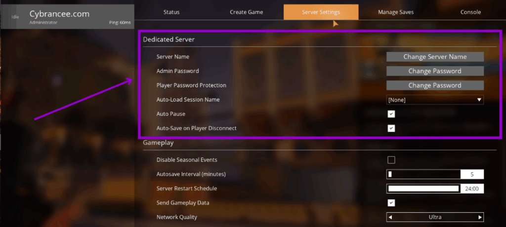 Satisfactory Menu Dedicated Server Settings