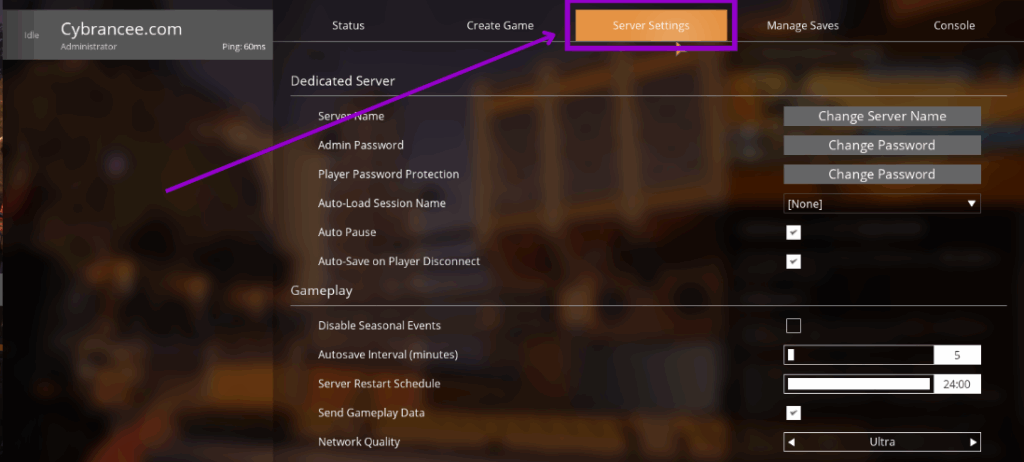 Satisfactory Menu Server Settings