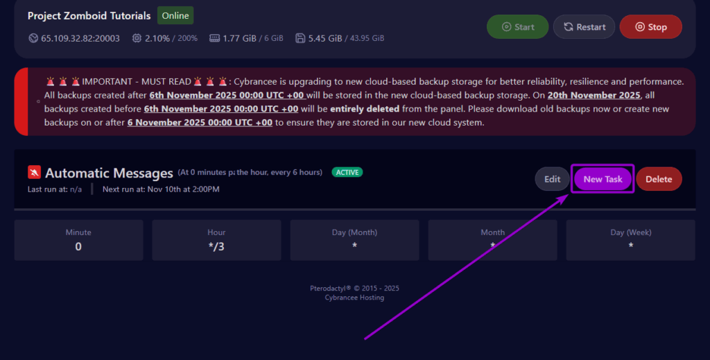 Schedules tab 'new task' button outlined with arrow