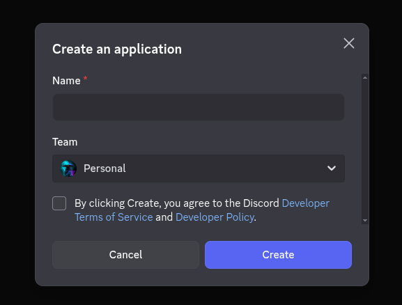 Discord Developer Portal New Application Dialog
