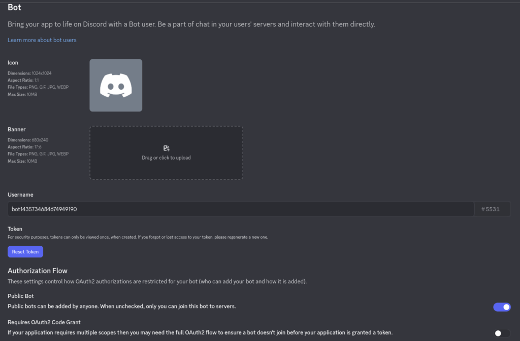 Discord developer Portal, Bot Page