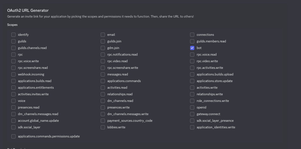 Discord Developer Portal, application oauth2 page -> Scopes