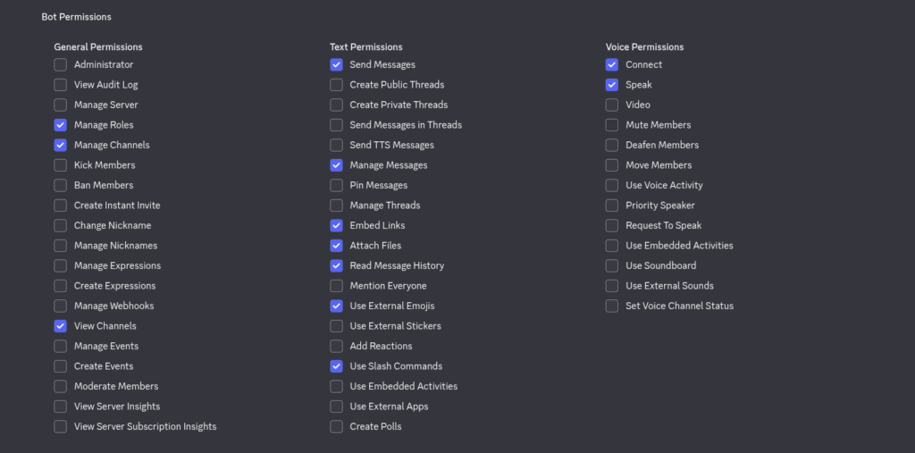 Discord Developer Portal, application oauth2 page -> Permissions