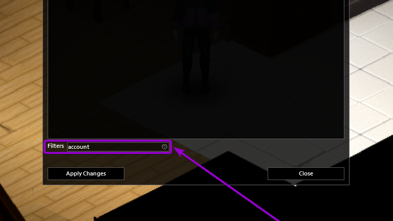 Search for account in the filter search box