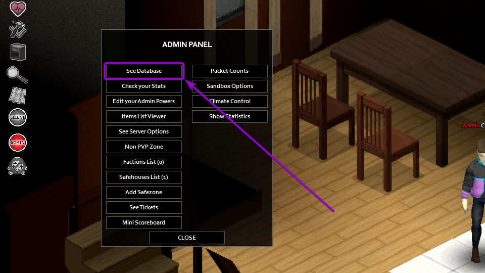 'See Database' button outlined with arrow Project Zomboid Admin Panel