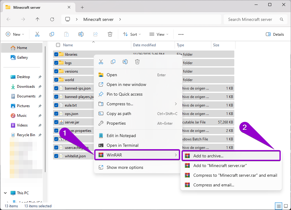 Steps to archive all files in the Minecraft server folder