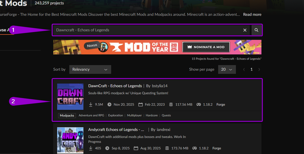 Steps to find the 'Dawncraft - Echoes of Legends' modpack