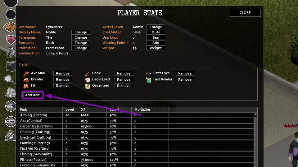 'add trait' button outlined with arrow