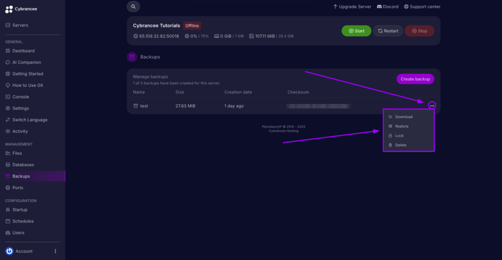 Cybrancee Pane, Backups page, manage a backup