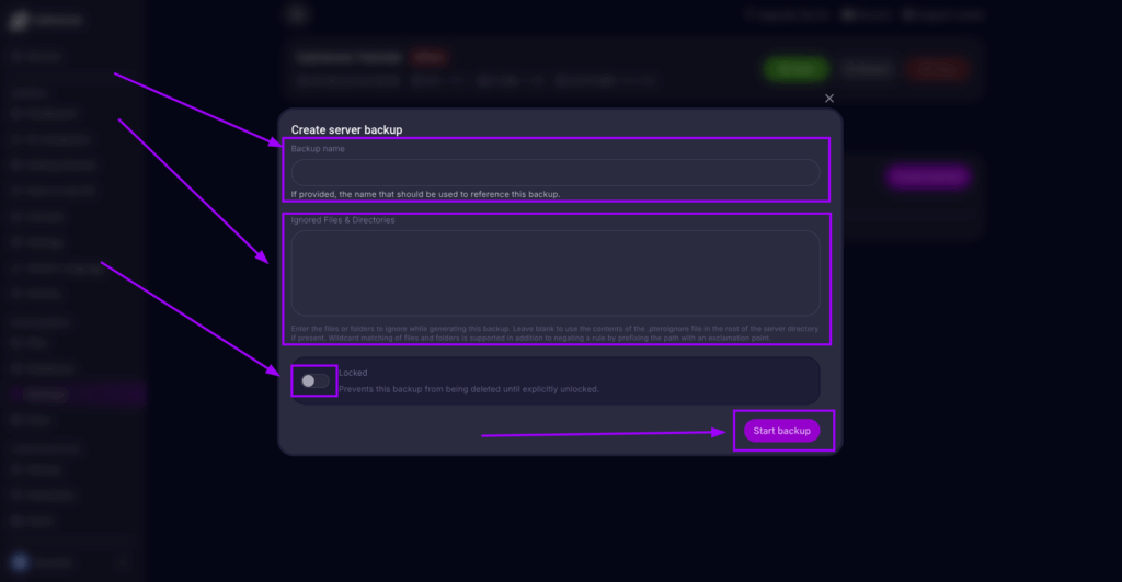 Cybracnee Panel, Create backup form