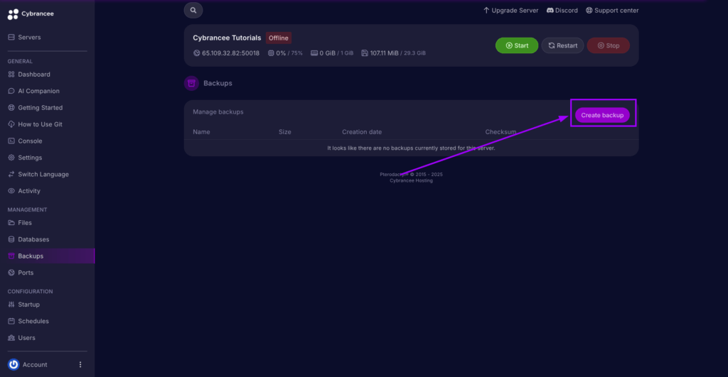 Cybrancee Panel, create backup button is highlighted