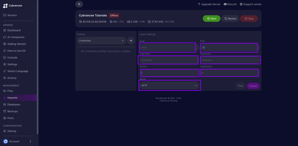 Cybrancee Panel, importer page with fields highlighted