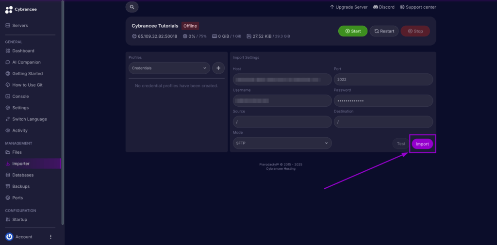 Cybrancee Panel, Importer page the import button is highlighted