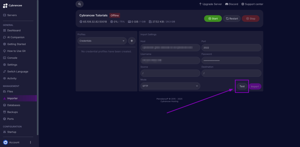 Cybrancee Panel, Importer page the test button is highlighted