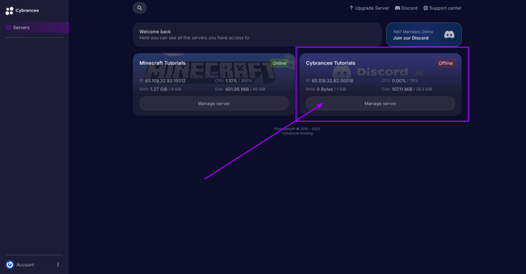 Cybrancee Panel, server card is highlighted