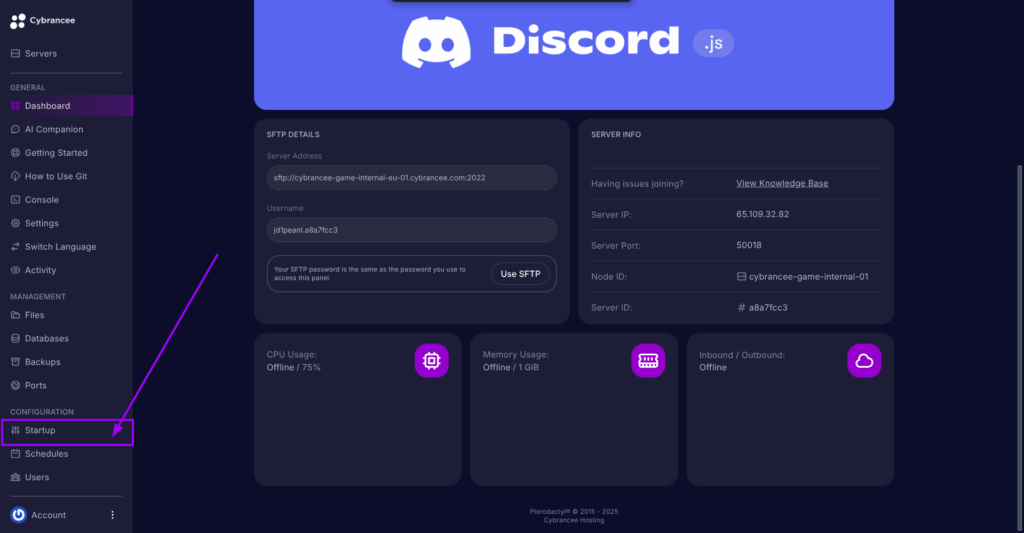 Cybrancee Panel, startup tab is highlighted