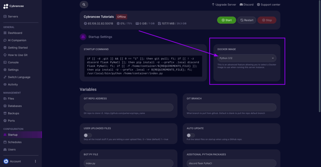 Cybrancee Panel, startup page, change python version is highlighted