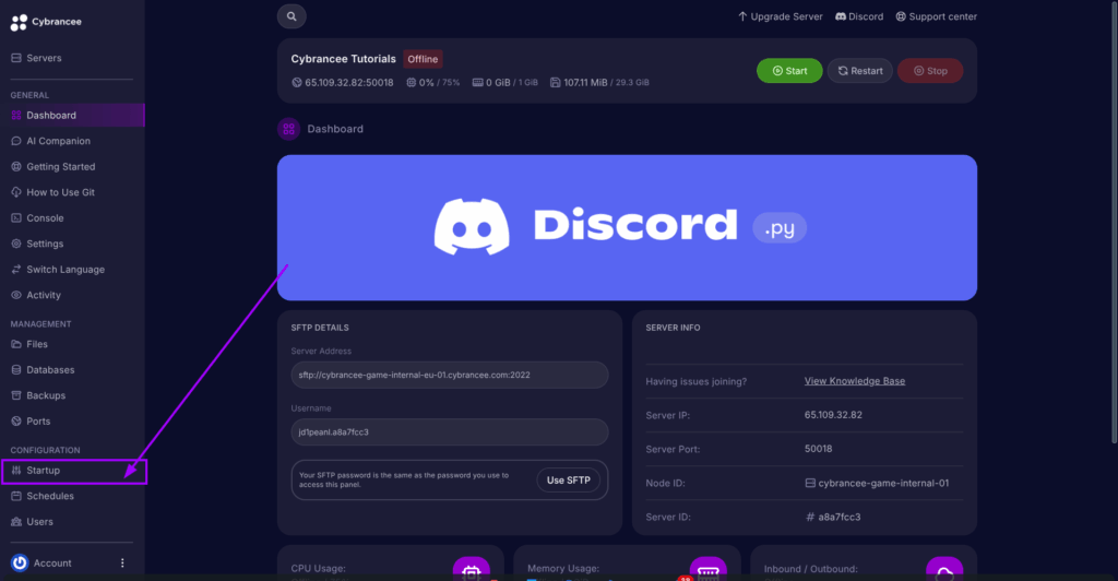 Cybrancee Panel, startup tab is highlighted in Python