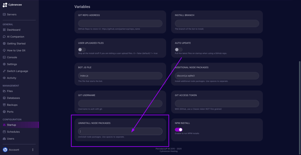 Cybrancee Panel, Startup page, uninstall node packages is highlighted