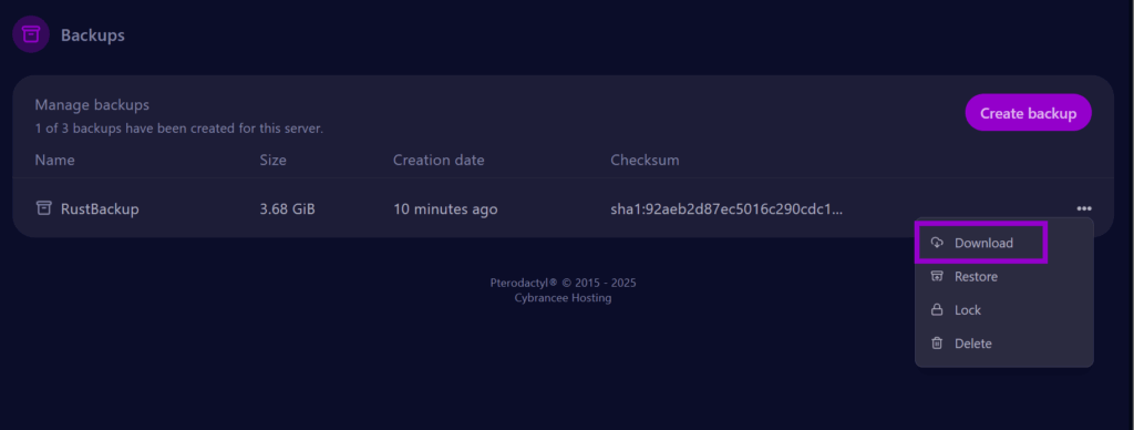 cybrancee backup tab with download button outlined