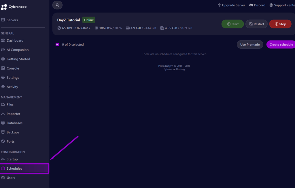cybrancee panel dayz startup page with schedule tab outlined