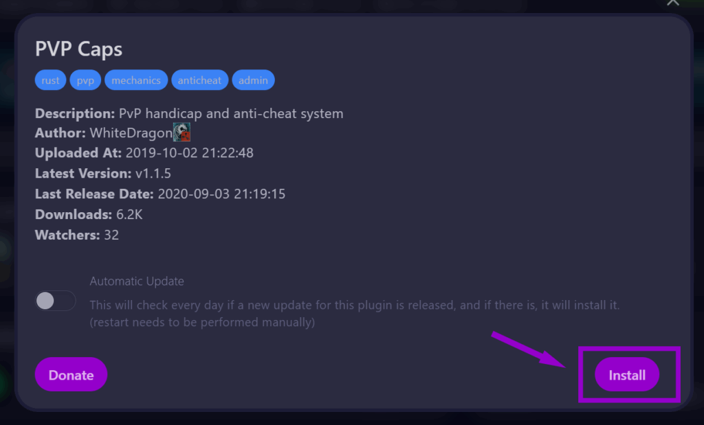 cybrancee panel rust plugins autoinstall tab with pvp caps popup install button outlined