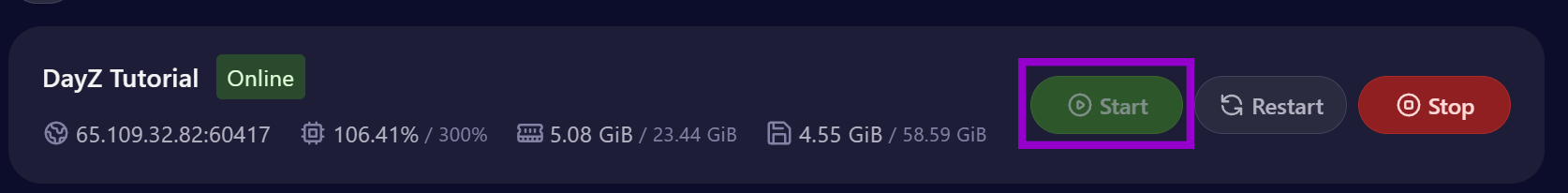 Cybrancee Panel dayZ start Server With start button outlined