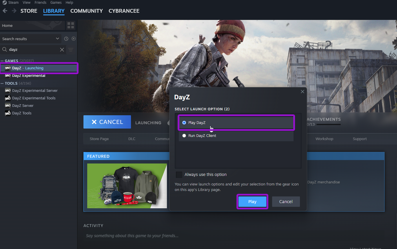 A screenshot of Steam with the DayZ client launching